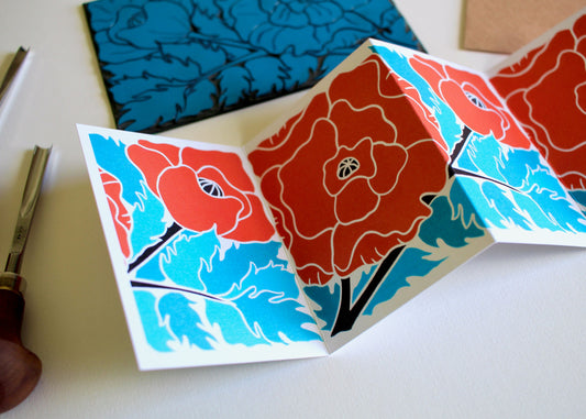 Linocut Poppy Flower Card - Single Concertina Card & Envelope / Lino print poppies card / August birth flower / Remembrance Poppy Art Card