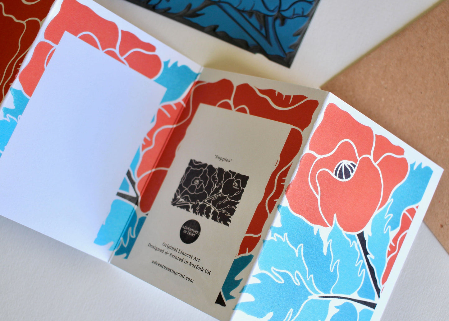Linocut Poppy Flower Card - Single Concertina Card & Envelope / Lino print poppies card / August birth flower / Remembrance Poppy Art Card