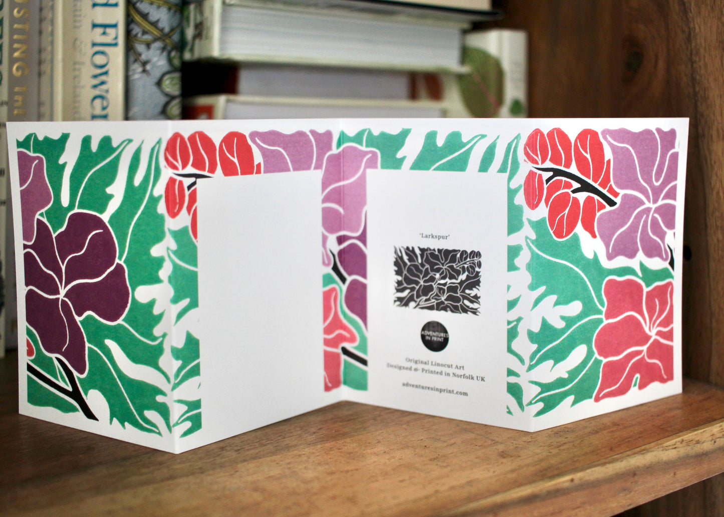 Linocut Larkspur Concertina Card (July birth flower) | Single Card & Envelope