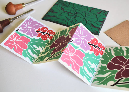Linocut Larkspur Concertina Card (July birth flower) | Single Card & Envelope
