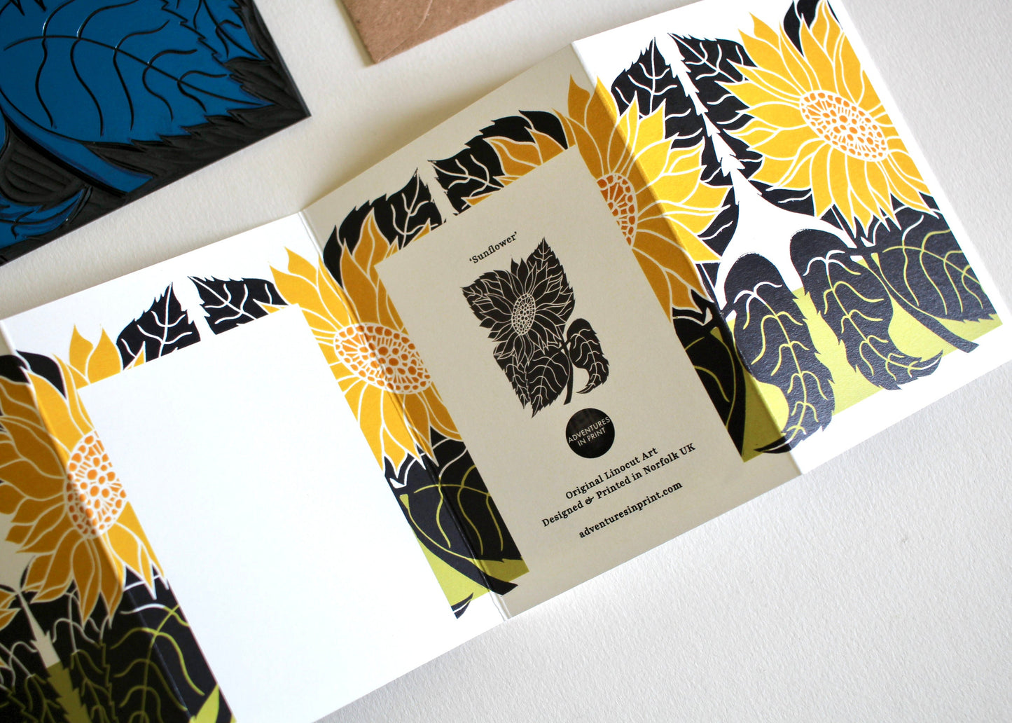 Sunflower Linocut Concertina Card | Single Card & Envelope