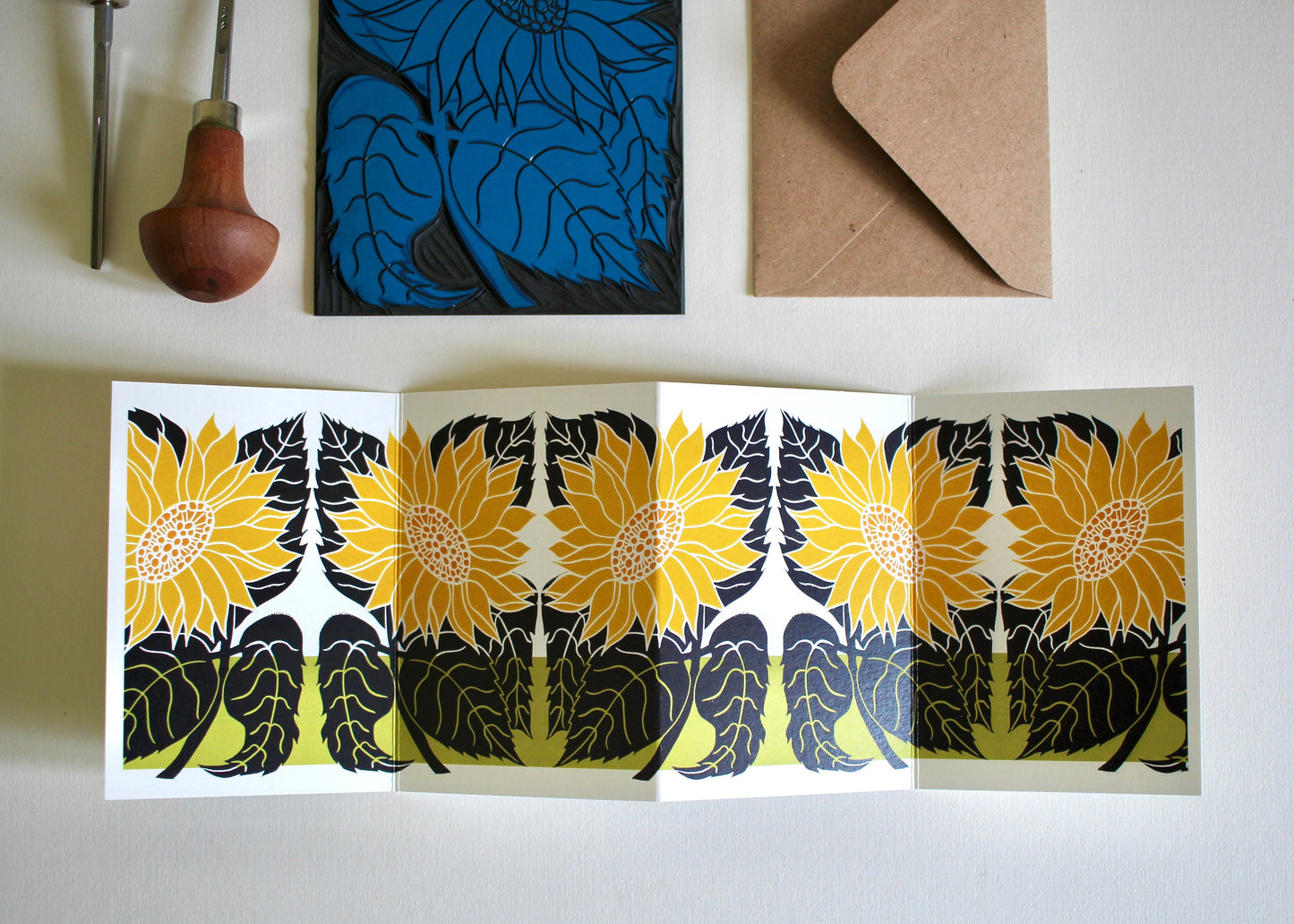 Sunflower Linocut Concertina Card | Single Card & Envelope