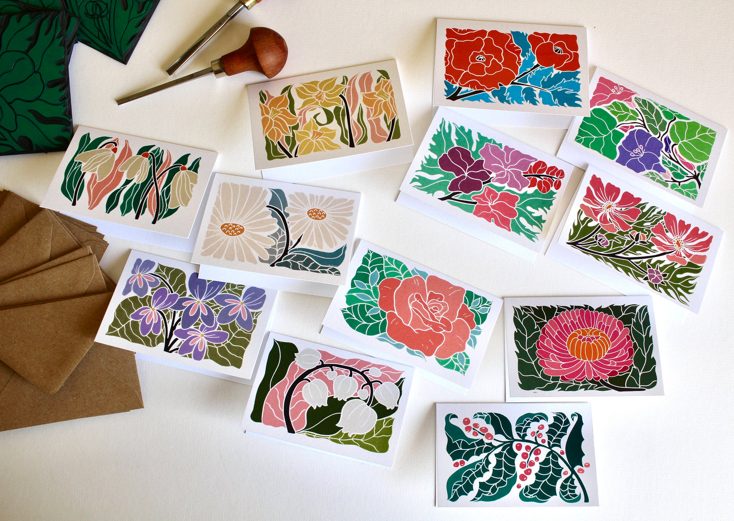 MINI Birth Flower Linocut Note Cards - Set of 12 | Colourful Flowers by month / Small A7 notelets / Blank correspondence cards & envelopes