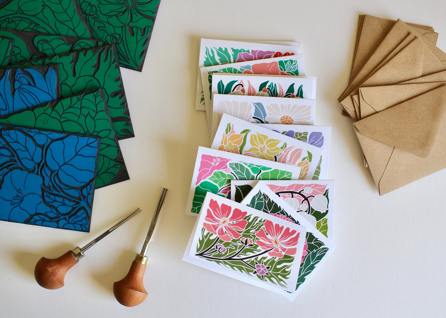 MINI Birth Flower Linocut Note Cards - Set of 12 | Colourful Flowers by month / Small A7 notelets / Blank correspondence cards & envelopes