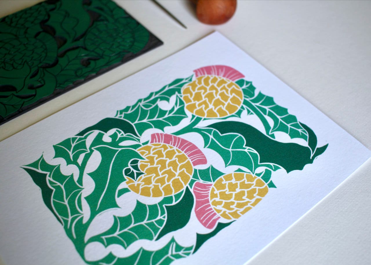 Colourful Scottish Thistle Linocut Art Print / Wall Art for Fathers Day, For Her, Gardeners / Scotland Flower / A5 or A4 Wall Art Print