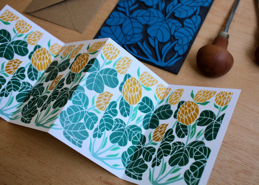 Irish Shamrock Clover Linocut Card - Single Concertina Card with Envelope / Lino print Shamrock greeting card / Ireland National Flower