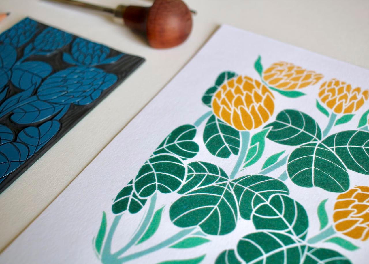 Irish Shamrock Clover Linocut Art Print / Colourful Shamrock Clover Wall Art / Irelands National Flower / A5 or A4 Art Print on Cotton Paper