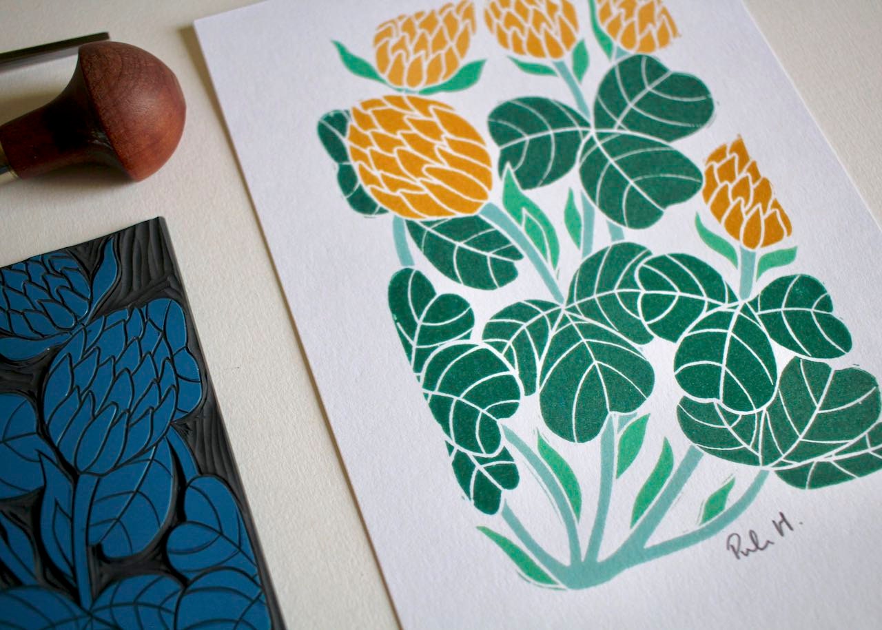 Irish Shamrock Clover Linocut Art Print / Colourful Shamrock Clover Wall Art / Irelands National Flower / A5 or A4 Art Print on Cotton Paper