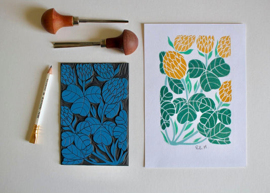 Irish Shamrock Clover Linocut Art Print / Colourful Shamrock Clover Wall Art / Irelands National Flower / A5 or A4 Art Print on Cotton Paper