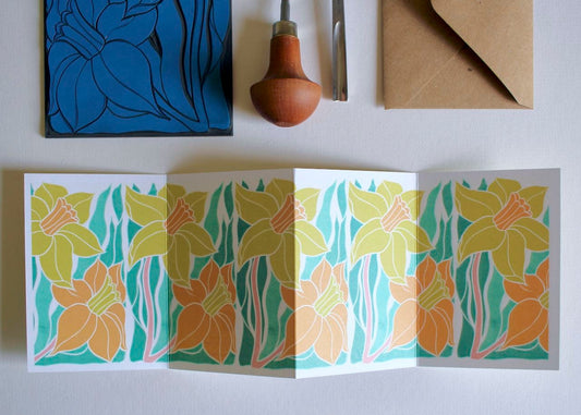 Welsh Daffodil Linocut Card - Single Concertina Card with Envelope / Lino print yellow daffodil flower greeting card / Wales National Flower