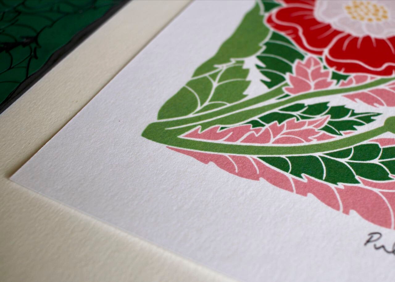 English Tudor Rose Linocut Art Print / Colourful Rose Wall Art / England National Flower / A5 or A4 Art Print on Cotton Paper