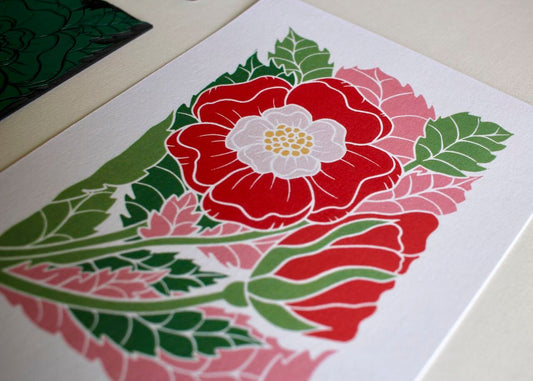 English Tudor Rose Linocut Art Print / Colourful Rose Wall Art / England National Flower / A5 or A4 Art Print on Cotton Paper