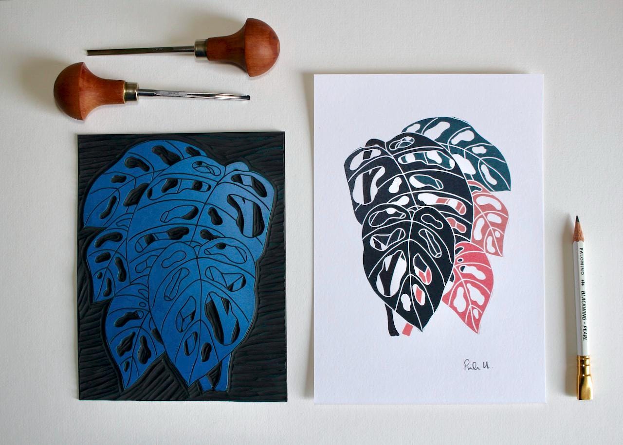 swiss cheese plant art Linocut artwork of Monstera adansonii plant / Swiss cheese houseplant