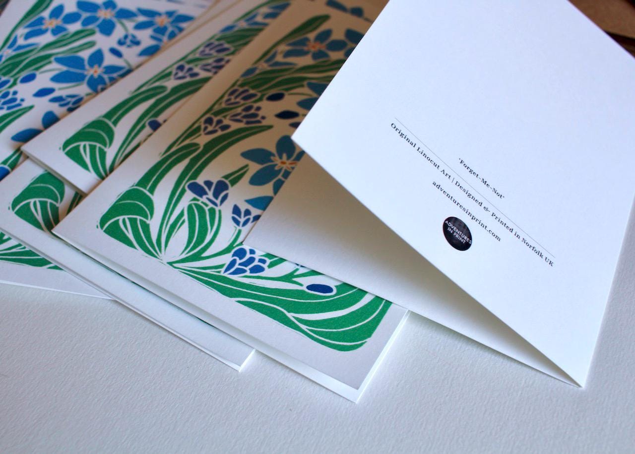 Forget-me-not Linocut Art Notecards - Set of 8 | Linocut Floral Note Cards / Thank You Cards / Correspondence Cards & Envelopes