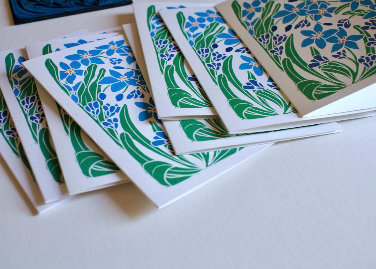 Forget-me-not Linocut Art Notecards - Set of 8 | Linocut Floral Note Cards / Thank You Cards / Correspondence Cards & Envelopes