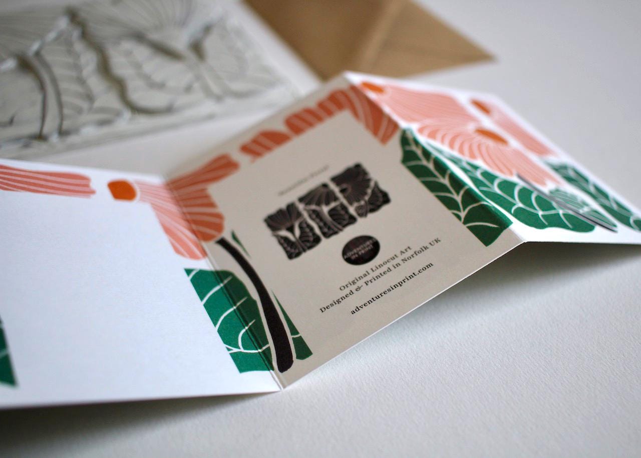 Modern Linocut Floral Greeting Card / A beautiful folded landscape flower card - perfect to celebrate a wedding, anniversary or birthday