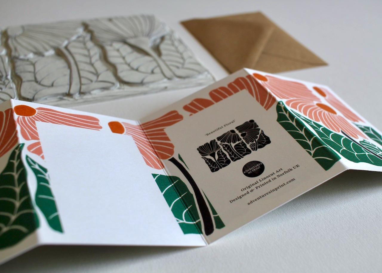 Modern Linocut Floral Greeting Card / A beautiful folded landscape flower card - perfect to celebrate a wedding, anniversary or birthday