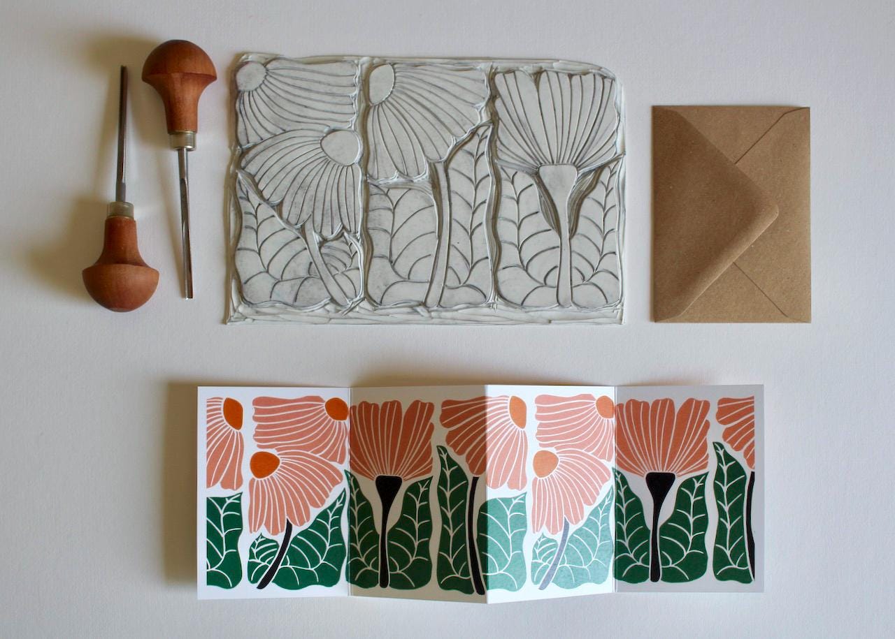 Modern Linocut Floral Greeting Card / A beautiful folded landscape flower card - perfect to celebrate a wedding, anniversary or birthday