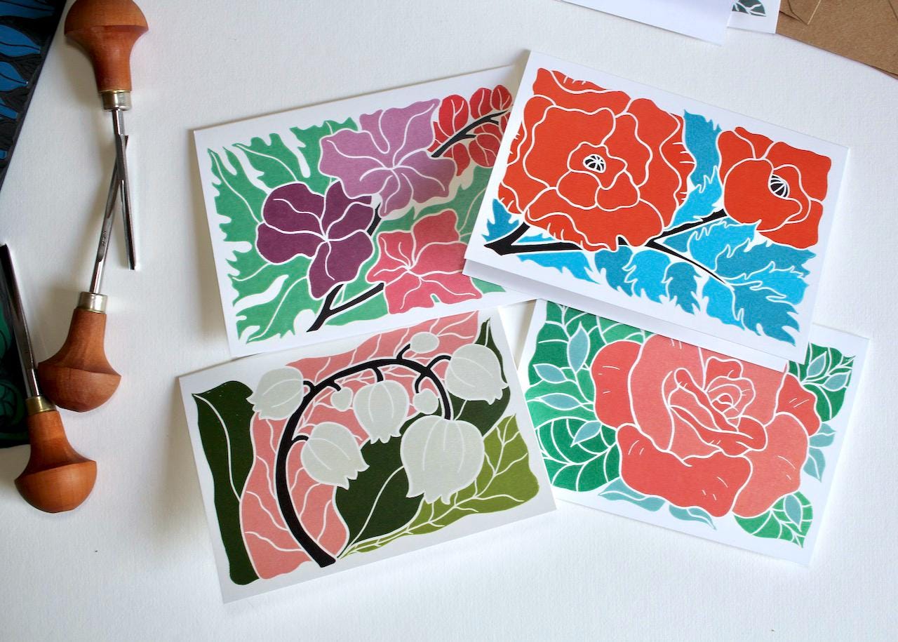 Birth Flower Linocut Note Cards - Set of 12 | Colourful Flowers by month / Standard A6 notelets / Blank correspondence cards & envelopes