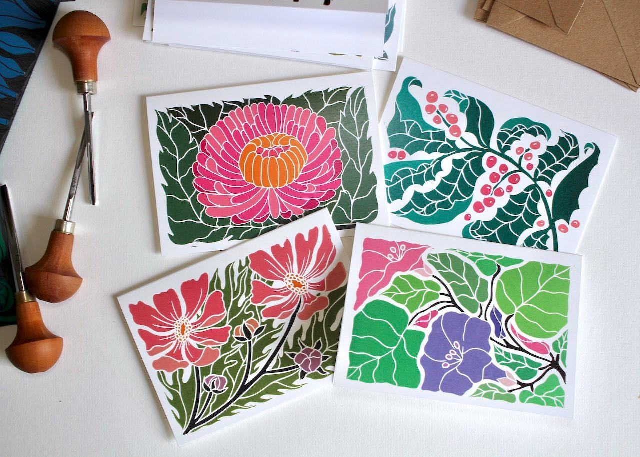 Birth Flower Linocut Note Cards - Set of 12 | Colourful Flowers by month / Standard A6 notelets / Blank correspondence cards & envelopes