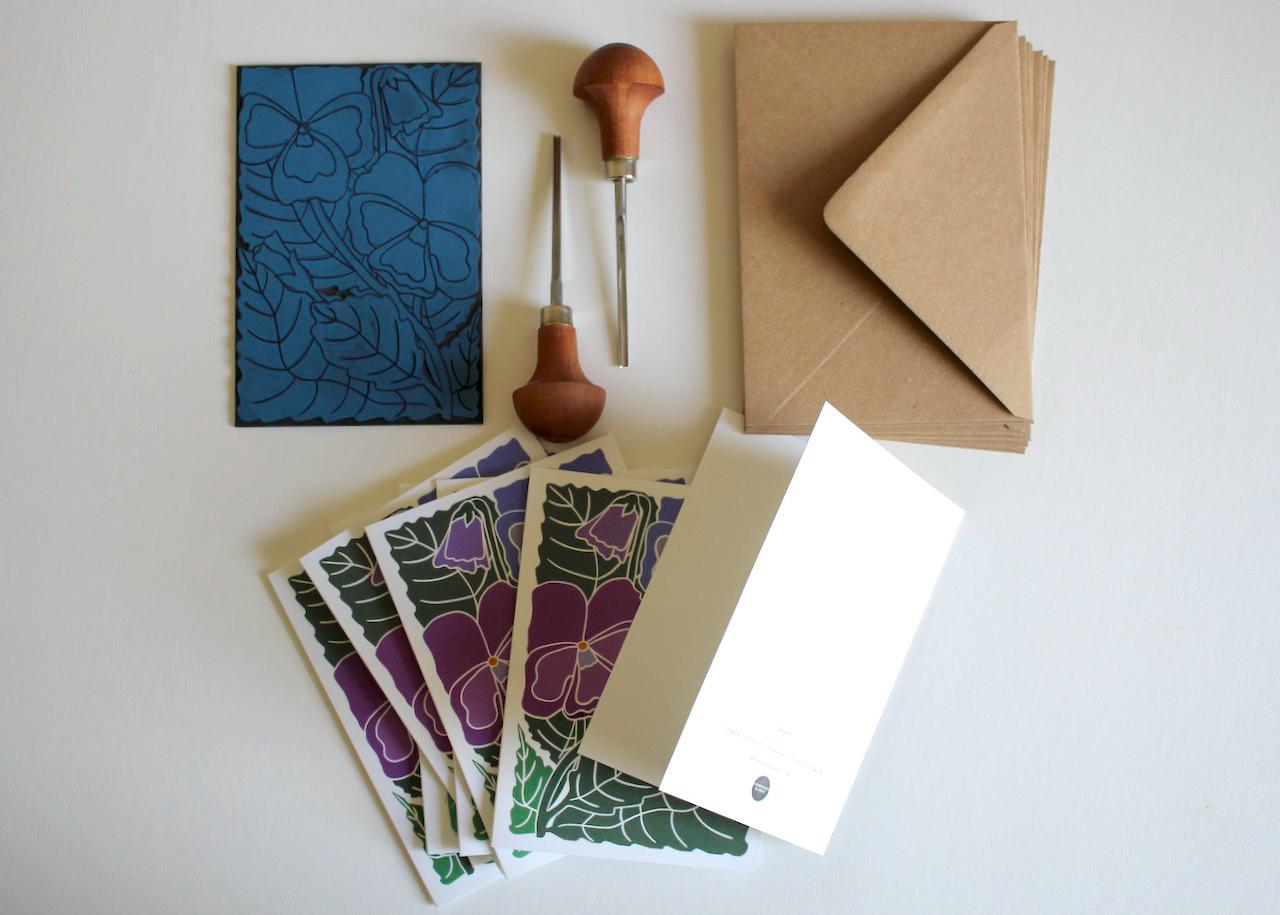 Pansy Flower Linocut Art Notecards - Set of 8 | Linocut Floral Pansies Note Cards / Thank You Cards / Correspondence Cards & Envelopes