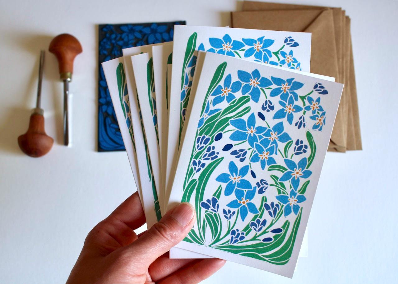 Forget-me-not Linocut Art Notecards - Set of 8 | Linocut Floral Note Cards / Thank You Cards / Correspondence Cards & Envelopes