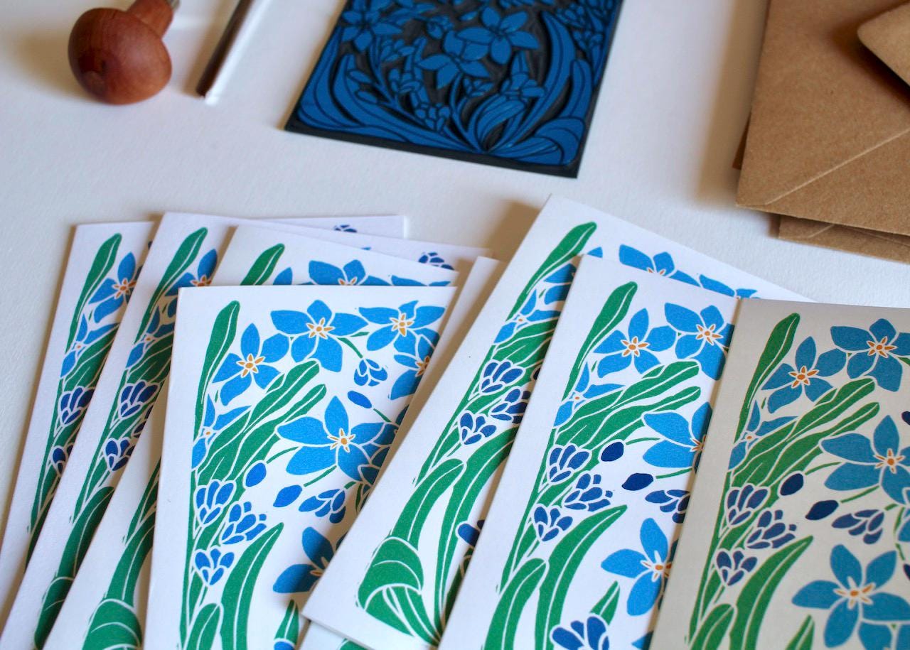 Forget-me-not Linocut Art Notecards - Set of 8 | Linocut Floral Note Cards / Thank You Cards / Correspondence Cards & Envelopes