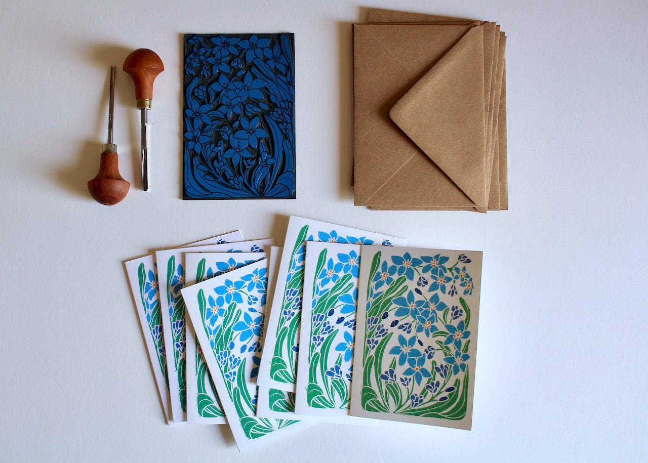 Forget-me-not Linocut Art Notecards - Set of 8 | Linocut Floral Note Cards / Thank You Cards / Correspondence Cards & Envelopes
