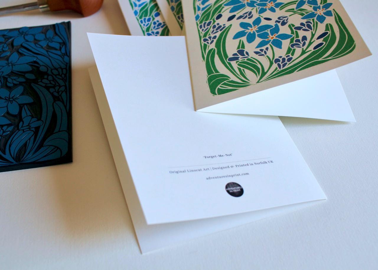 Forget-me-not Linocut Art Notecards - Set of 8 | Linocut Floral Note Cards / Thank You Cards / Correspondence Cards & Envelopes