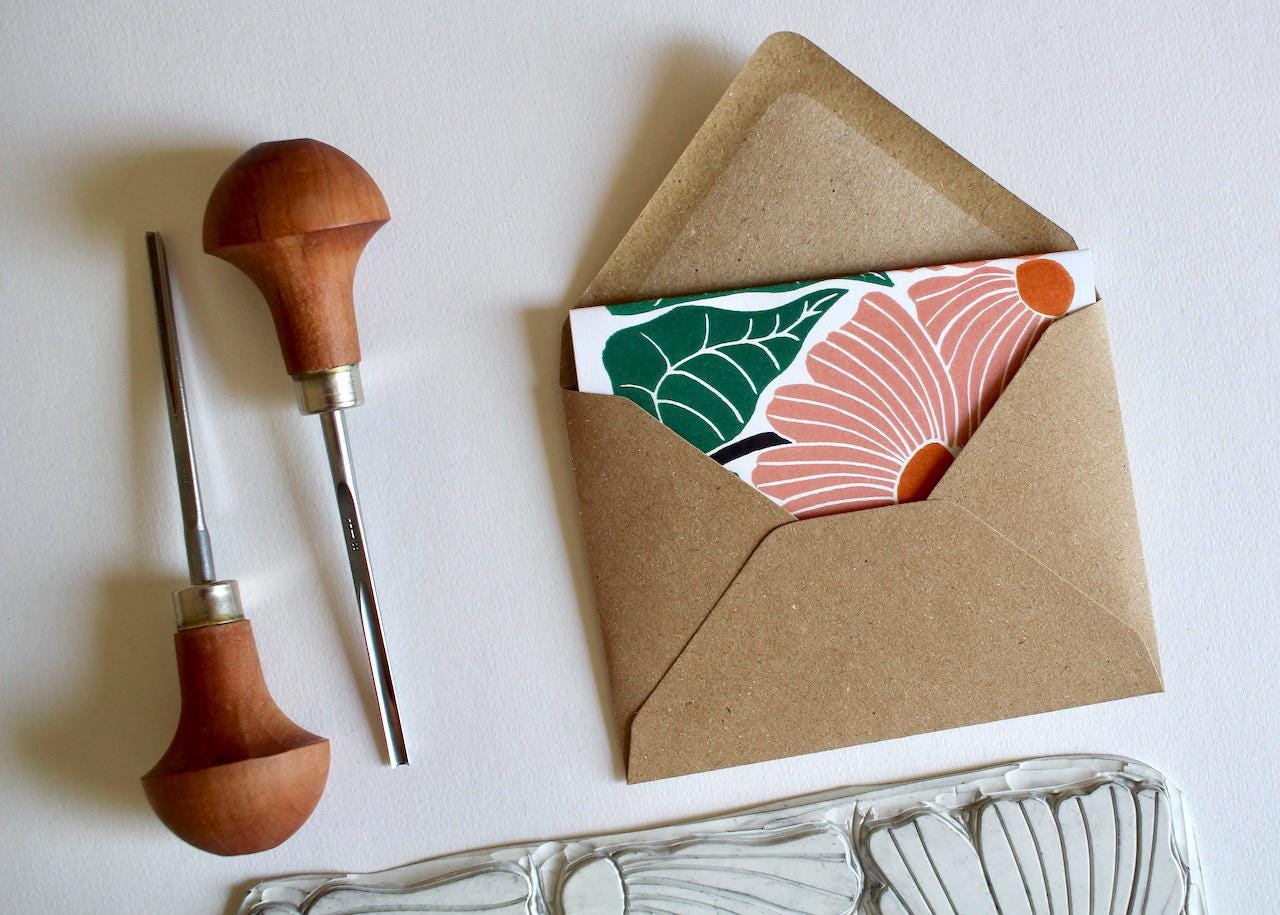 Modern Linocut Floral Greeting Card / A beautiful folded landscape flower card - perfect to celebrate a wedding, anniversary or birthday