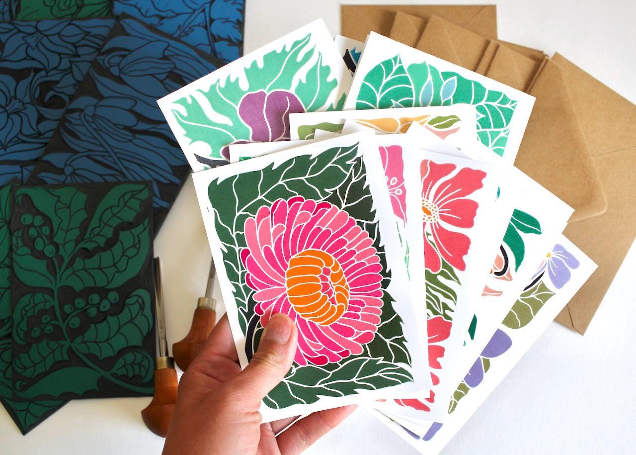 Birth Flower Linocut Note Cards - Set of 12 | Colourful Flowers by month / Standard A6 notelets / Blank correspondence cards & envelopes