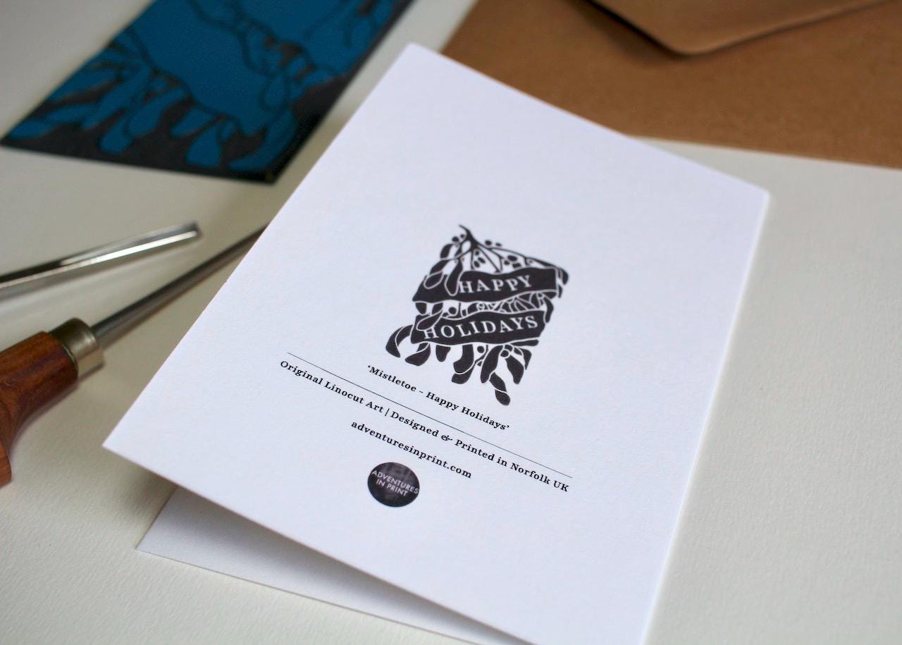 Festive Mistletoe Happy Holidays Card - Single card with envelope / Luxury cotton Christmas card / Modern linocut mistletoe & berries art