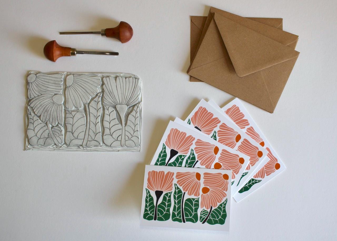 Beautiful Trio Floral Linocut Notecards - Set of 8 | Linocut Abstract Flower Note Cards / Thank You Cards / Correspondence Cards & Envelopes
