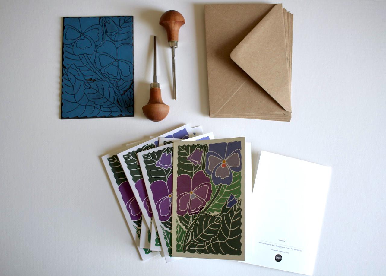 Pansy Flower Linocut Art Notecards - Set of 8 | Linocut Floral Pansies Note Cards / Thank You Cards / Correspondence Cards & Envelopes