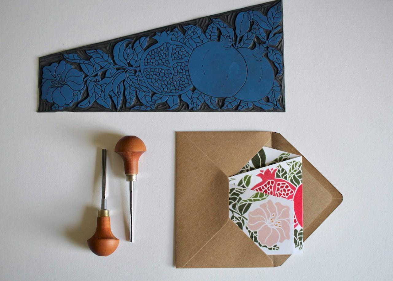 Festive Pomegranate Greeting Card - Single Concertina Card with Envelope / Winter festive fruit, Christmas, double-sided seasonal card