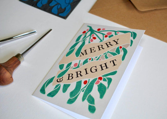 Festive Mistletoe Merry & Bright Card - Single card with envelope / Luxury cotton Christmas card / Modern linocut mistletoe berries art