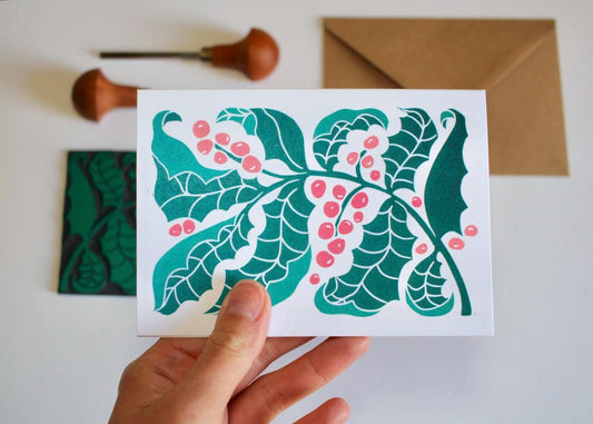 Linocut Holly & Berries Art Card - Single card and envelope / Luxury cotton Christmas card / Lino cut seasonal foliage,December birth flower
