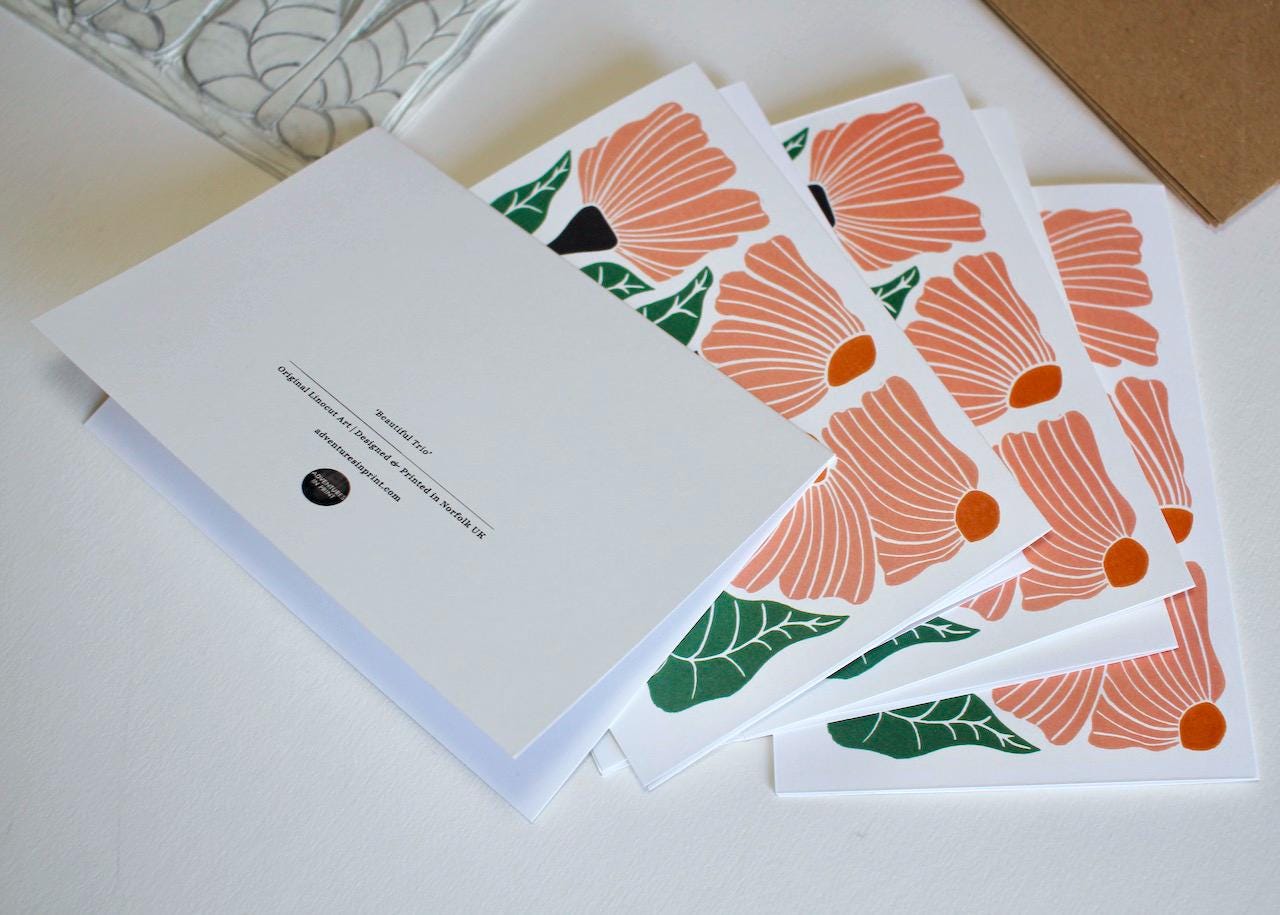 Beautiful Trio Floral Linocut Notecards - Set of 8 | Linocut Abstract Flower Note Cards / Thank You Cards / Correspondence Cards & Envelopes