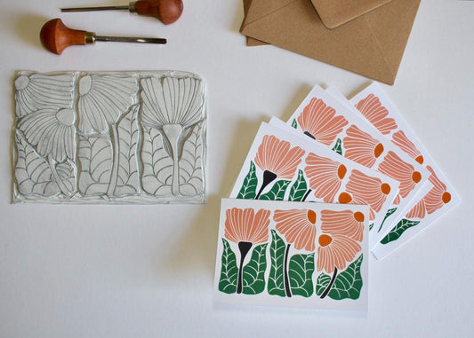 Beautiful Trio Floral Linocut Notecards - Set of 8 | Linocut Abstract Flower Note Cards / Thank You Cards / Correspondence Cards & Envelopes