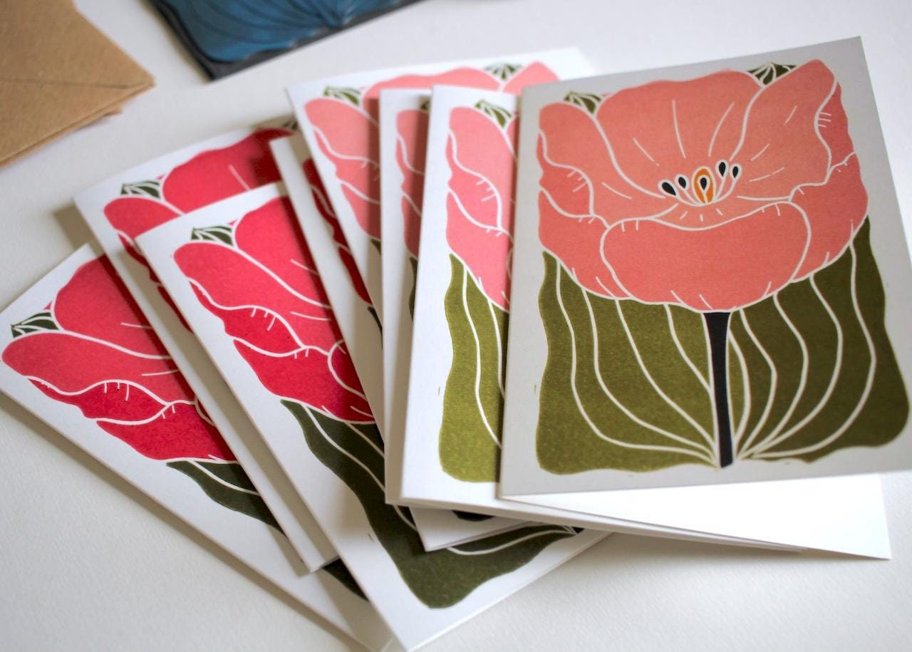 Large Single Tulip Flower Notecards - Set of 8 | Romantic Pink Linocut Tulip Note Cards / Blank Inside / Correspondence Cards & Envelopes