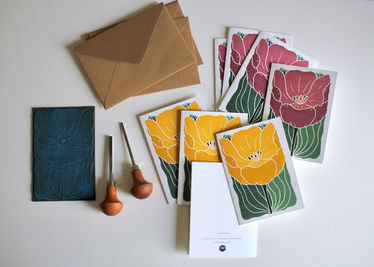 Large Single Tulip Flower Notecards - Set of 8 | Colourful Yellow & Purple Linocut Floral Note Cards / Blank Inside / Correspondence Cards