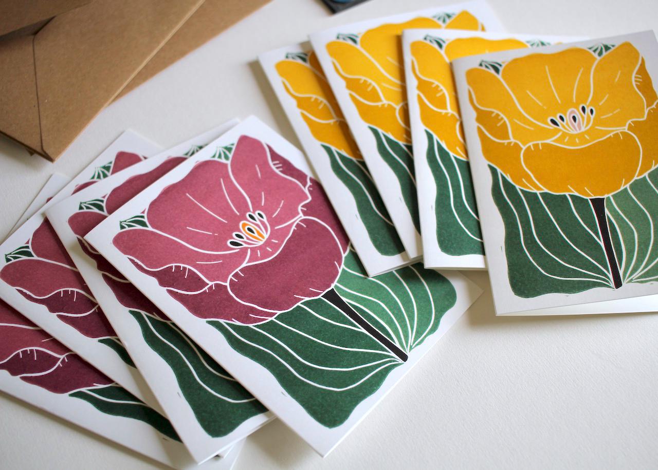 Large Single Tulip Flower Notecards - Set of 8 | Colourful Yellow & Purple Linocut Floral Note Cards / Blank Inside / Correspondence Cards