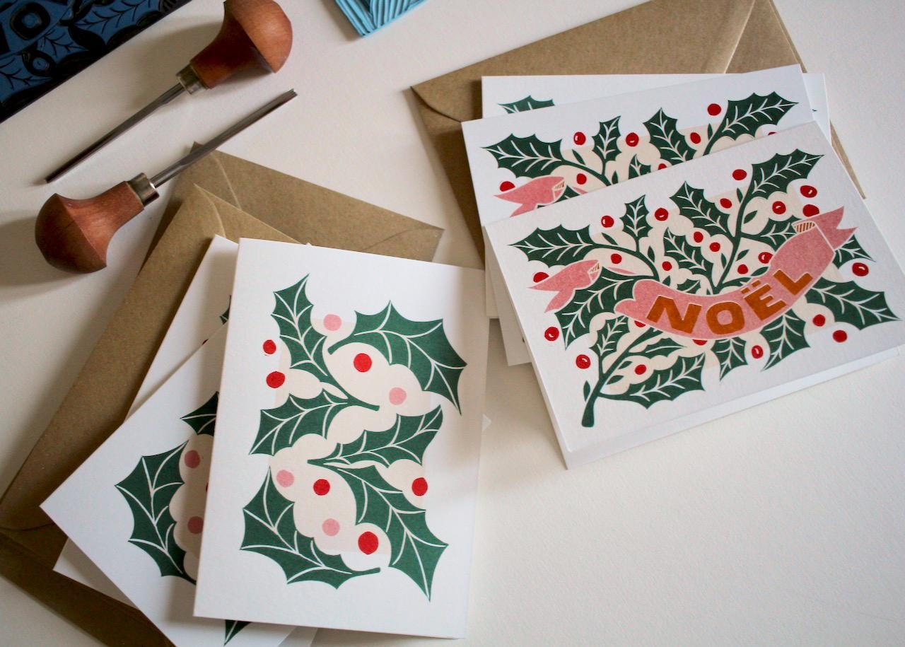 Linocut Holly Leaves Christmas Card Set - Pack of 6 & Envelopes