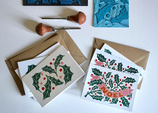 Linocut Holly Leaves Christmas Card Set - Pack of 6 & Envelopes