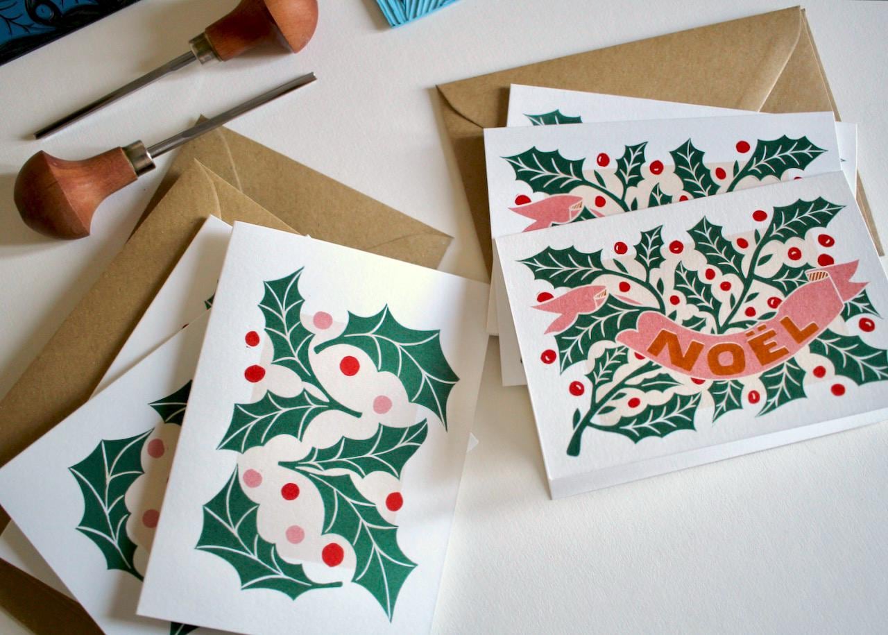 Linocut Holly Leaves Christmas Card Set - Pack of 6 & Envelopes