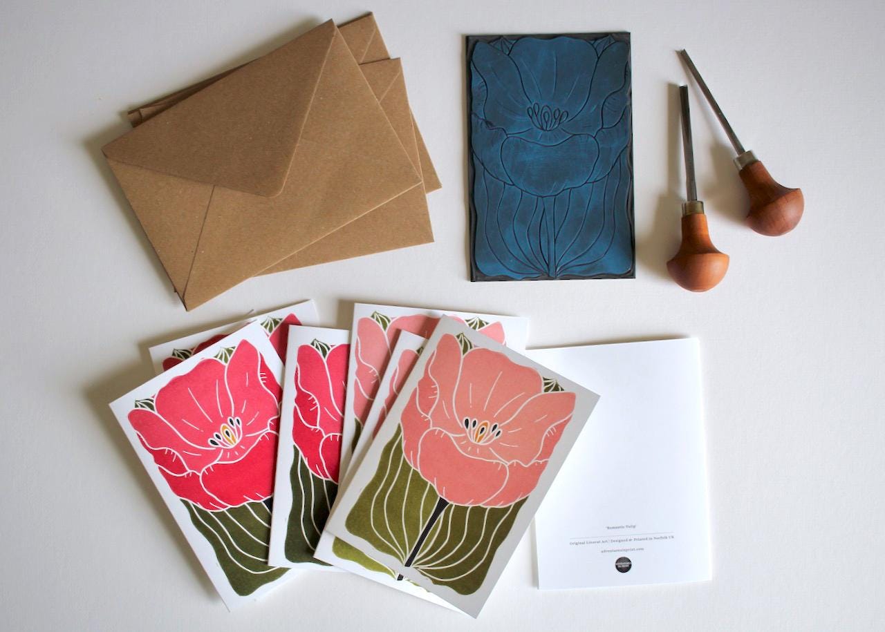Large Single Tulip Flower Notecards - Set of 8 | Romantic Pink Linocut Tulip Note Cards / Blank Inside / Correspondence Cards & Envelopes