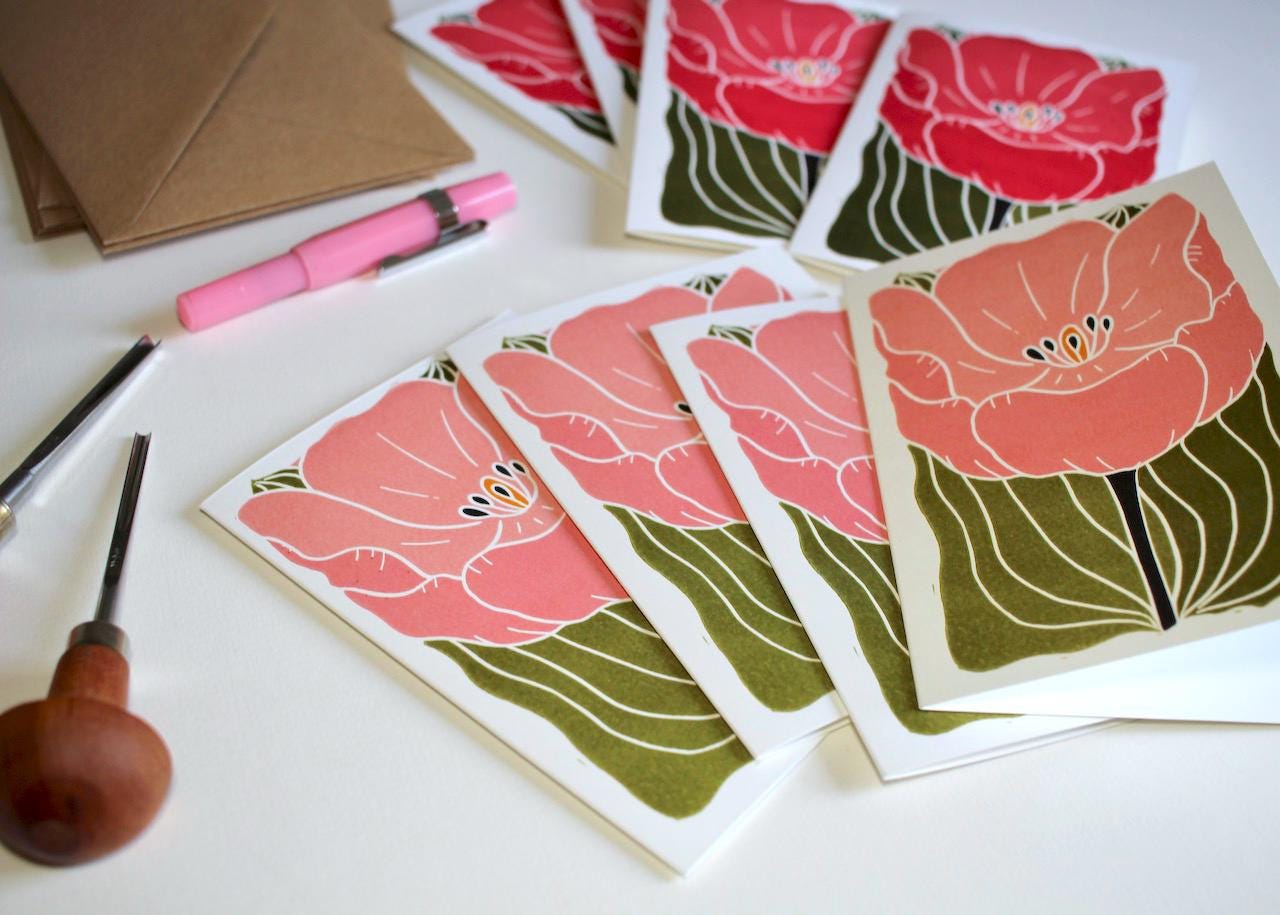 Large Single Tulip Flower Notecards - Set of 8 | Romantic Pink Linocut Tulip Note Cards / Blank Inside / Correspondence Cards & Envelopes