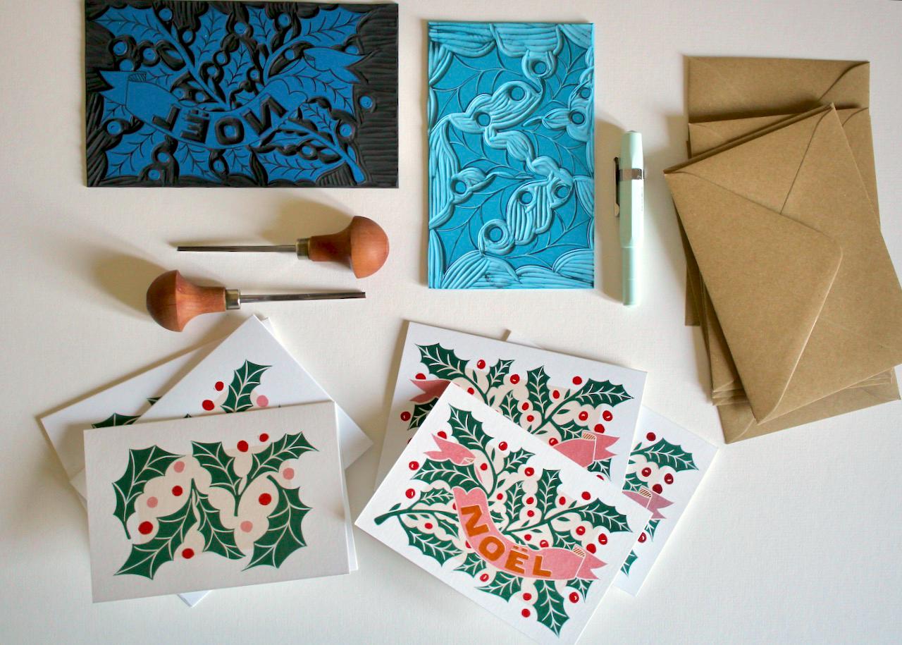 Linocut Holly Leaves Christmas Card Set - Pack of 6 & Envelopes