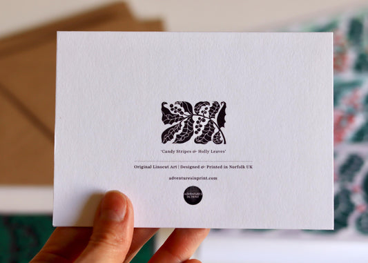 Luxury Candy Stripes & Holly Leaves Christmas Card - Single Card | Linocut Holly Pastel Holiday Cards, Cotton Art Cards, Choice of colour