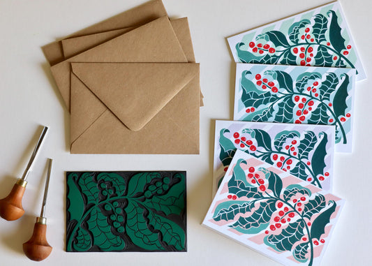 Luxury Candy Stripes & Holly Leaves Christmas Card - Set of 4 | Linocut Holly Pastel Holiday Card Set and Envelopes, Luxury Cotton Art Cards